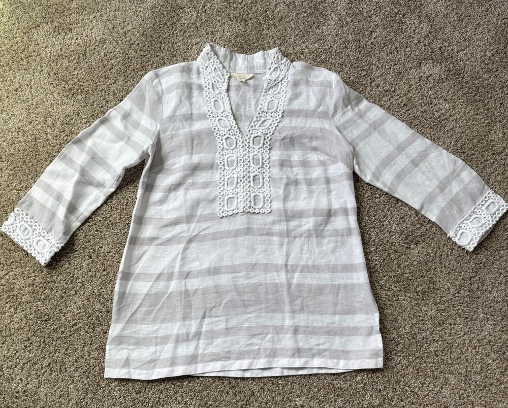 Charter Club Luxury Women's 100% Linen Cream Split Neck Tunic Size Medium
